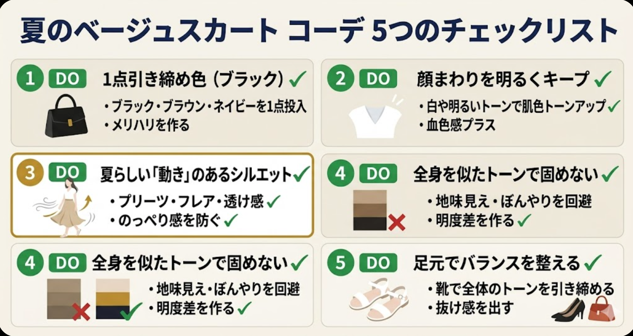夏のベージュスカートコーデ 5つのチェックリスト図解