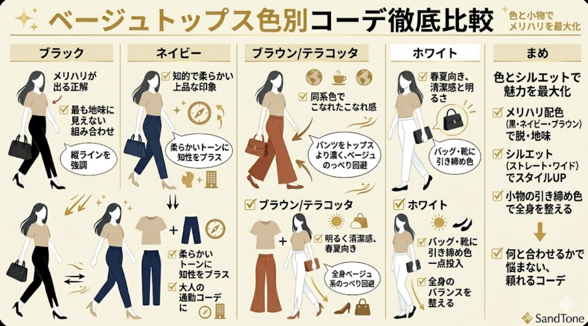ベージュトップス色別コーデ徹底比較|色と小物でメリハリを最大化