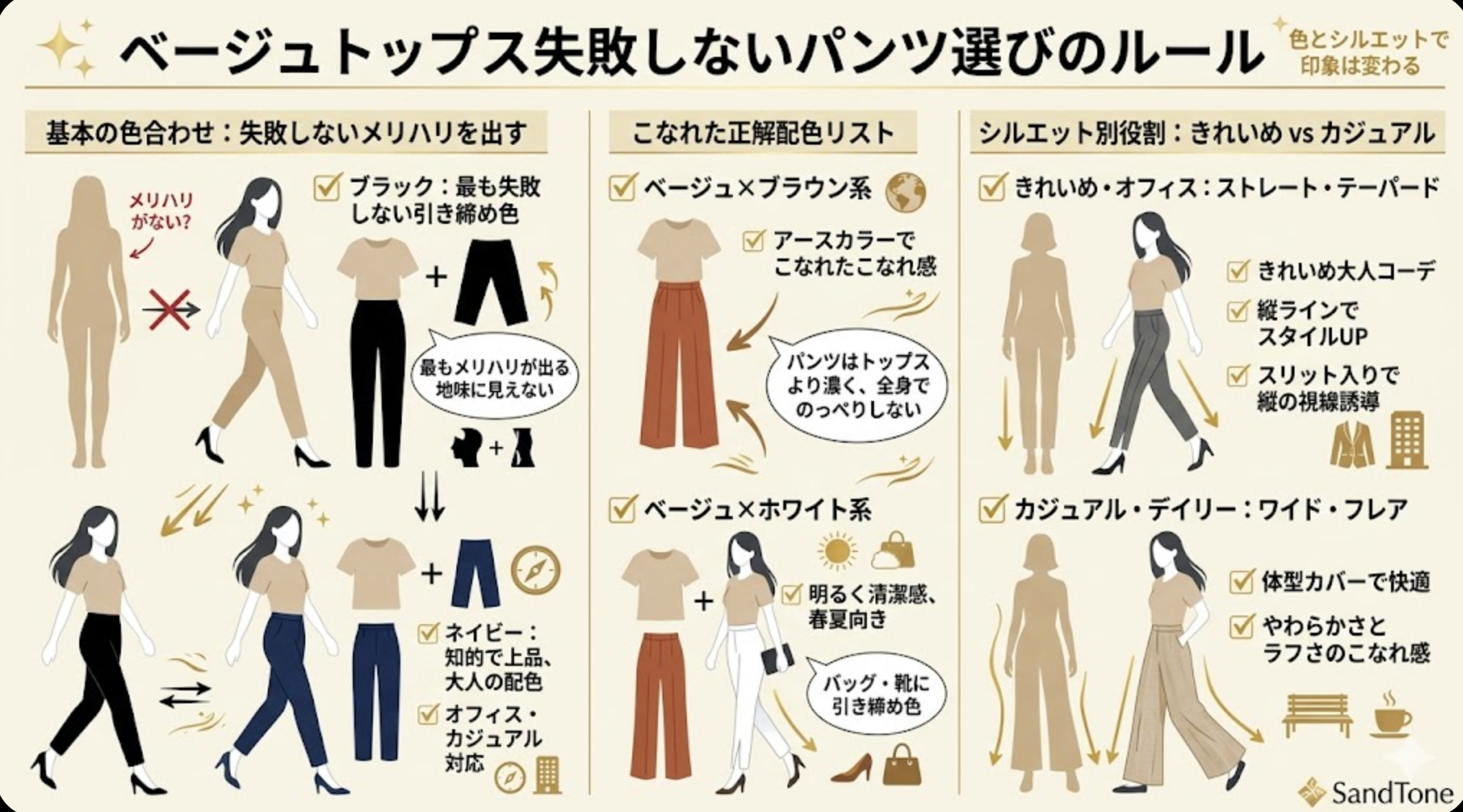 ベージュトップス失敗しないパンツ選びのルール|色とシルエットの基本