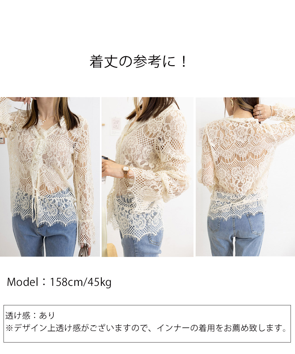 ベージュコーデ 花柄レースVネックシースルートップス