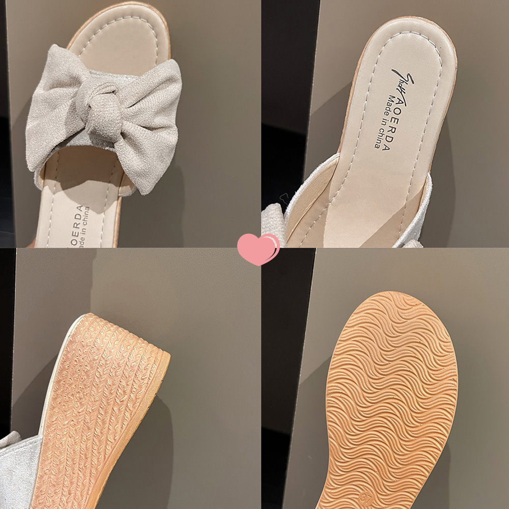 ベージュコーデ リボン付き 厚底サンダル 美脚ウエッジソール 靴