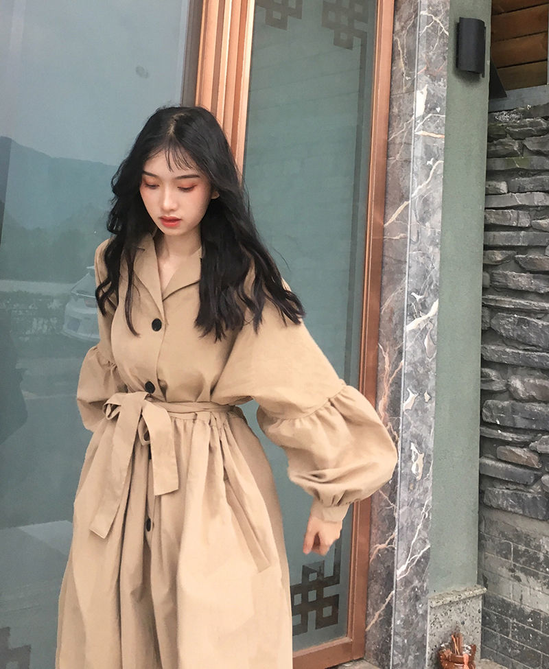ベージュコーデ 秋冬新作 ベージュ パフ袖 ロング丈 トレンチコート アウター
