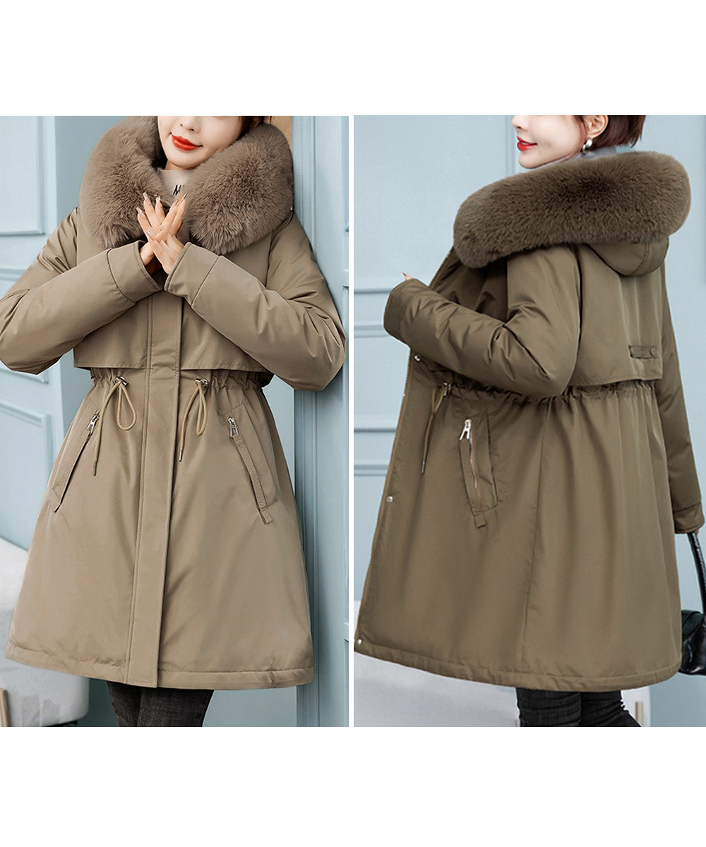 ベージュコーデ 中綿入りファーフード付きアウター韓国風防寒コート