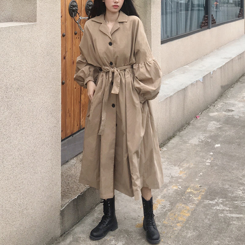 ベージュコーデ 秋冬新作 ベージュ パフ袖 ロング丈 トレンチコート アウター