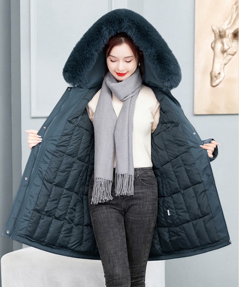 ベージュコーデ 中綿入りファーフード付きアウター韓国風防寒コート