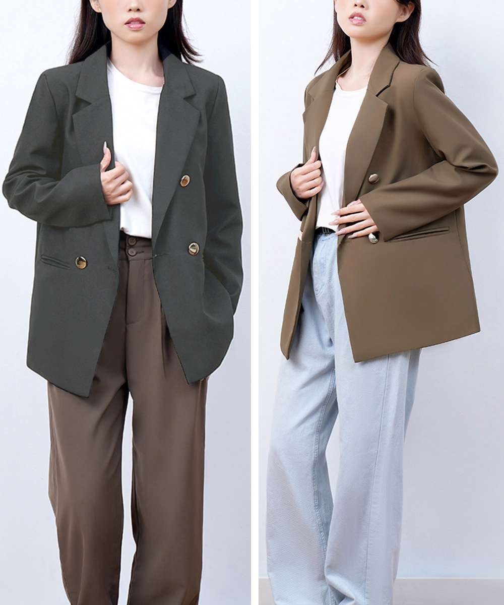 ベージュコーデ 二重ボタン仕立ての上品ジャケット中丈