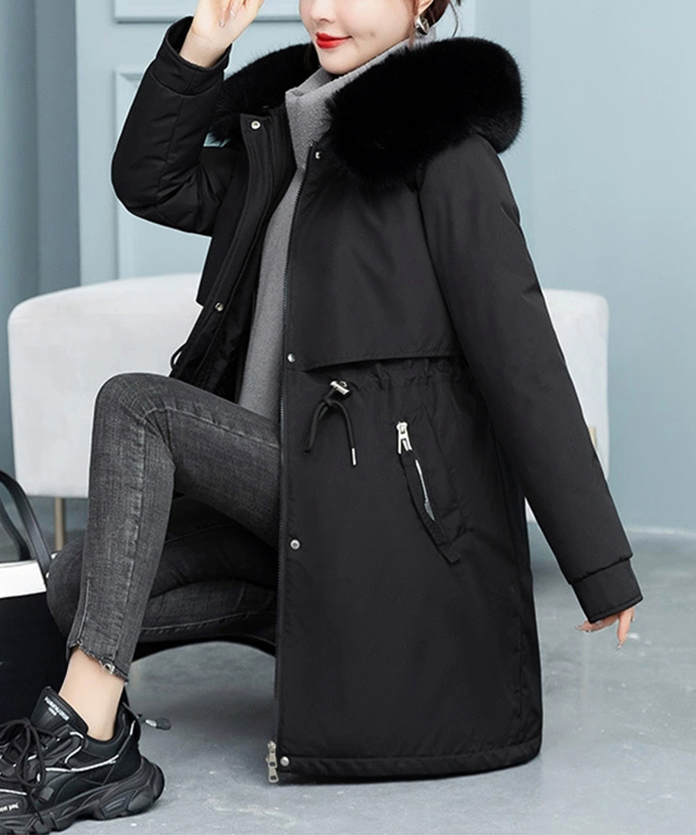 ベージュコーデ 中綿入りファーフード付きアウター韓国風防寒コート