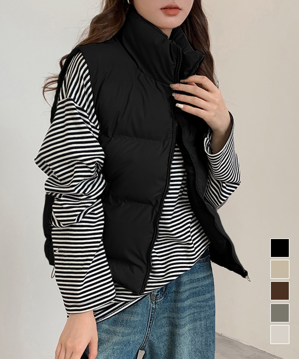 ベージュコーデ 中綿入り立ち襟ベスト アウター ジップアップ