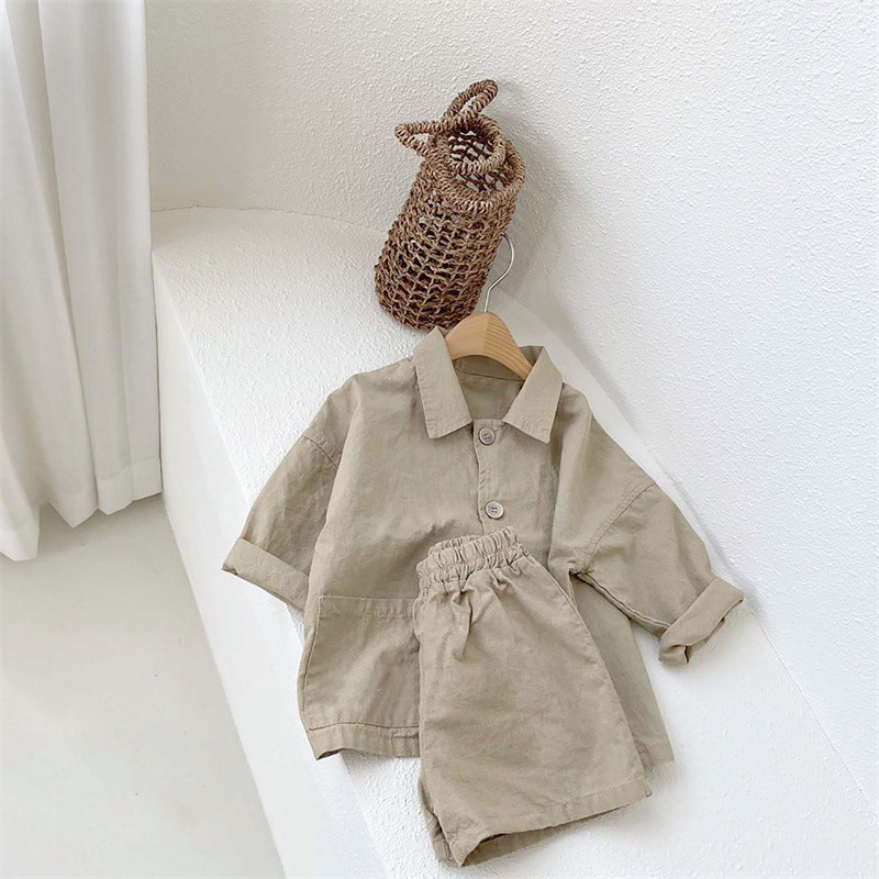 ベージュコーデ 夏新作 キッズ ナチュラル リネン風 半袖シャツ ショートパンツ 2点セット
