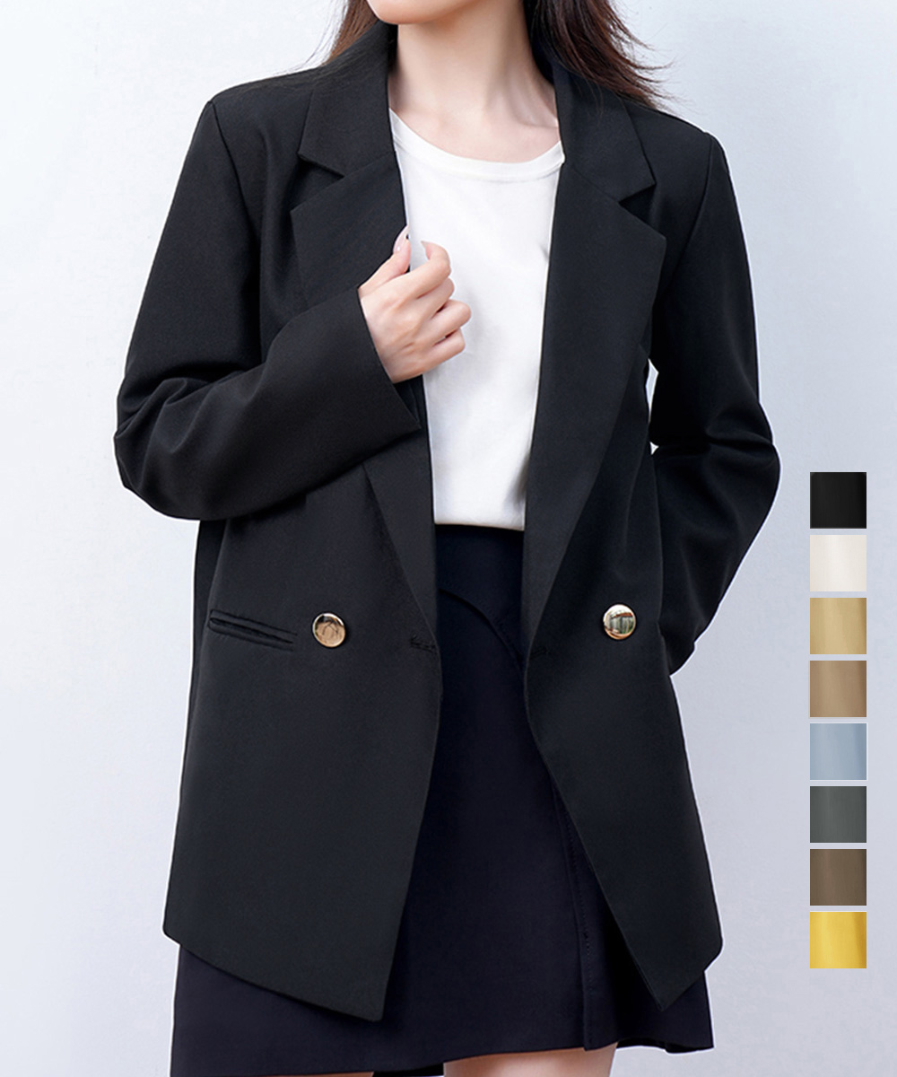 ベージュコーデ 二重ボタン仕立ての上品ジャケット中丈