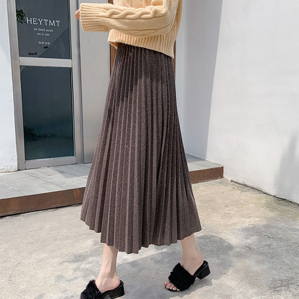ベージュコーデ ラメ入りプリーツロングスカート ベージュ