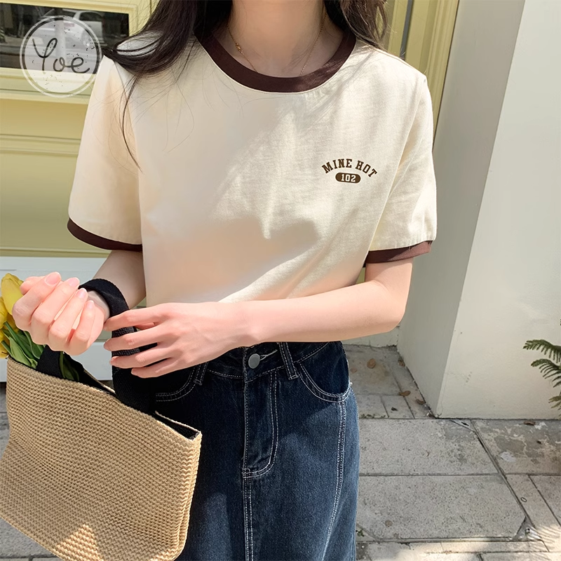 ベージュコーデ 配色切替ロゴ刺繍半袖カットソー