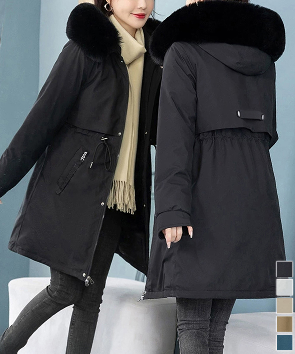 ベージュコーデ 中綿入りファーフード付きアウター韓国風防寒コート