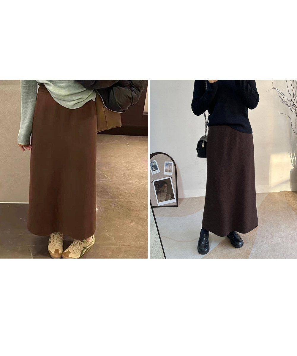 ベージュコーデ 裏起毛ニットスカート 暖かロングタイトスカート