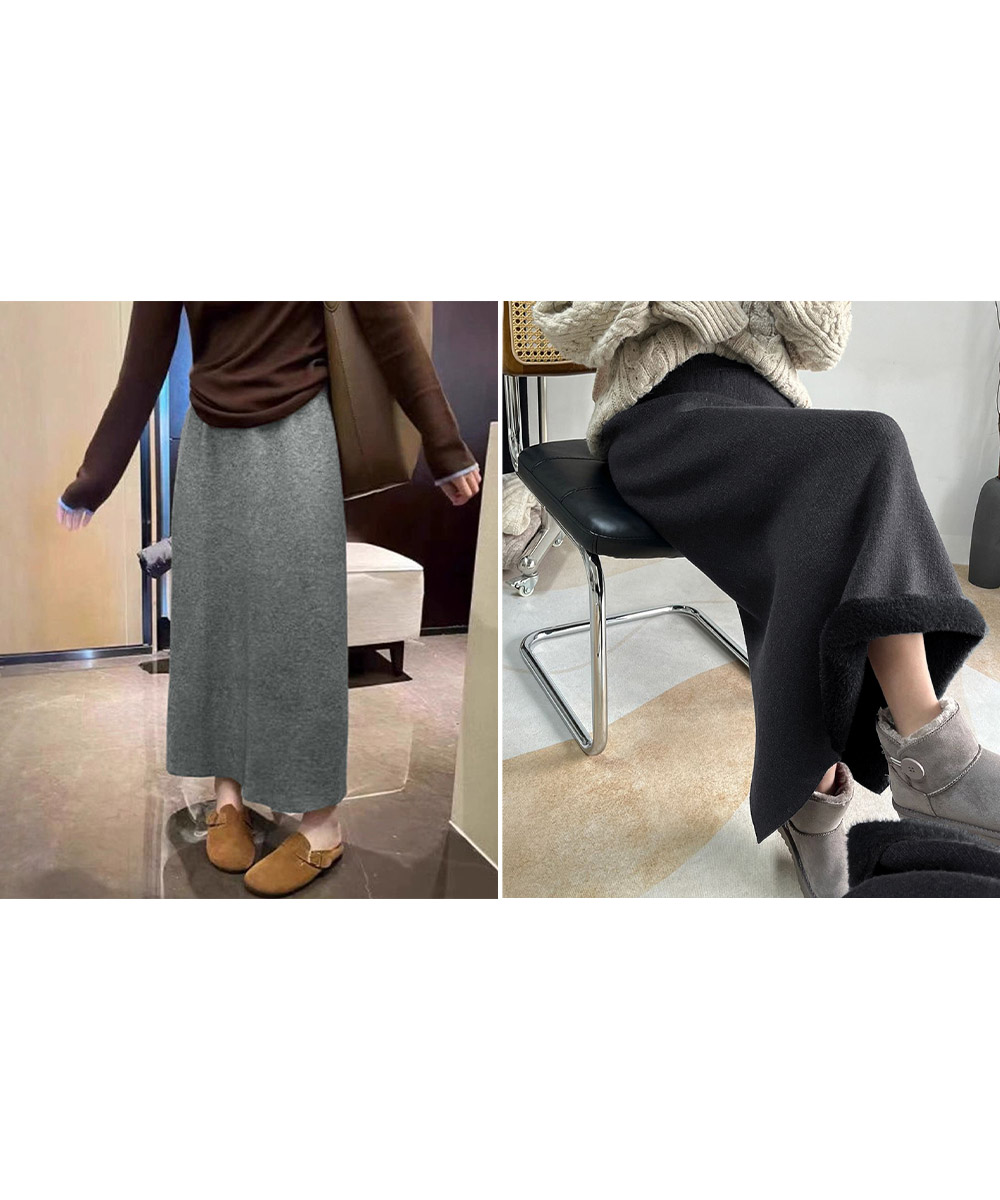 ベージュコーデ 裏起毛ニットスカート 暖かロングタイトスカート