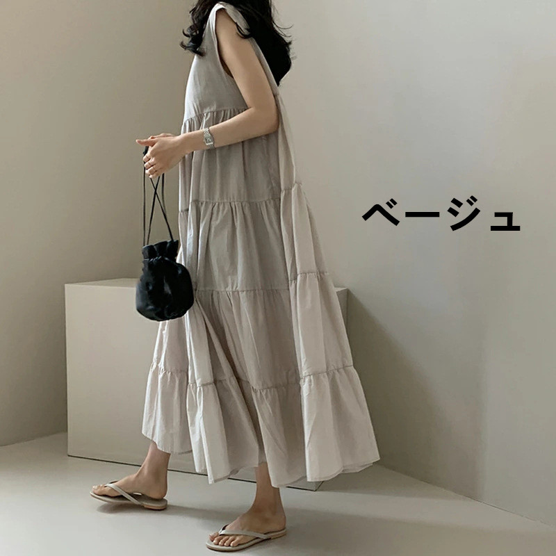 ベージュコーデ ティアードデザイン ノースリーブ マキシワンピース