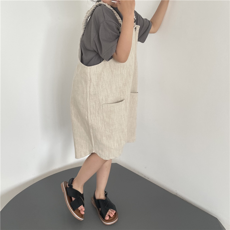 ベージュコーデ キッズ 夏用 綿麻サロペット ベージュ ハーフパンツ 男女兼用