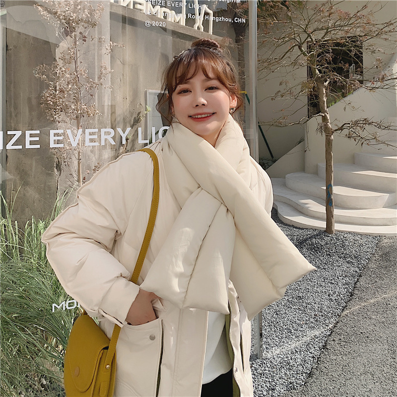 ベージュコーデ 中綿入りダウン風ストール 防寒アウター 男女兼用 軽量マフラー