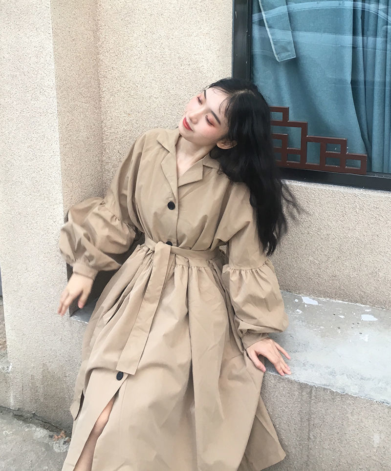 ベージュコーデ 秋冬新作 ベージュ パフ袖 ロング丈 トレンチコート アウター