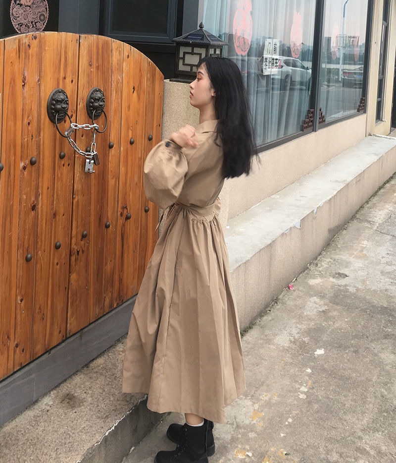 ベージュコーデ 秋冬新作 ベージュ パフ袖 ロング丈 トレンチコート アウター