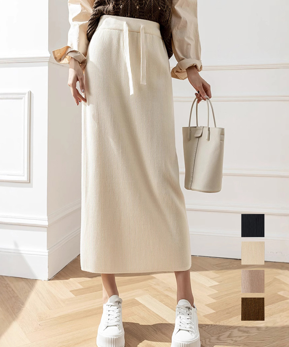 ベージュコーデ リブニット ロングスカート ミモレ丈 秋冬 韓国風