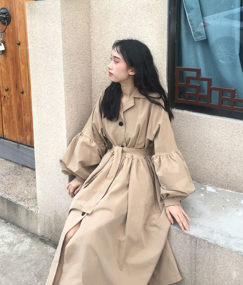 ベージュコーデ 秋冬新作 ベージュ パフ袖 ロング丈 トレンチコート アウター