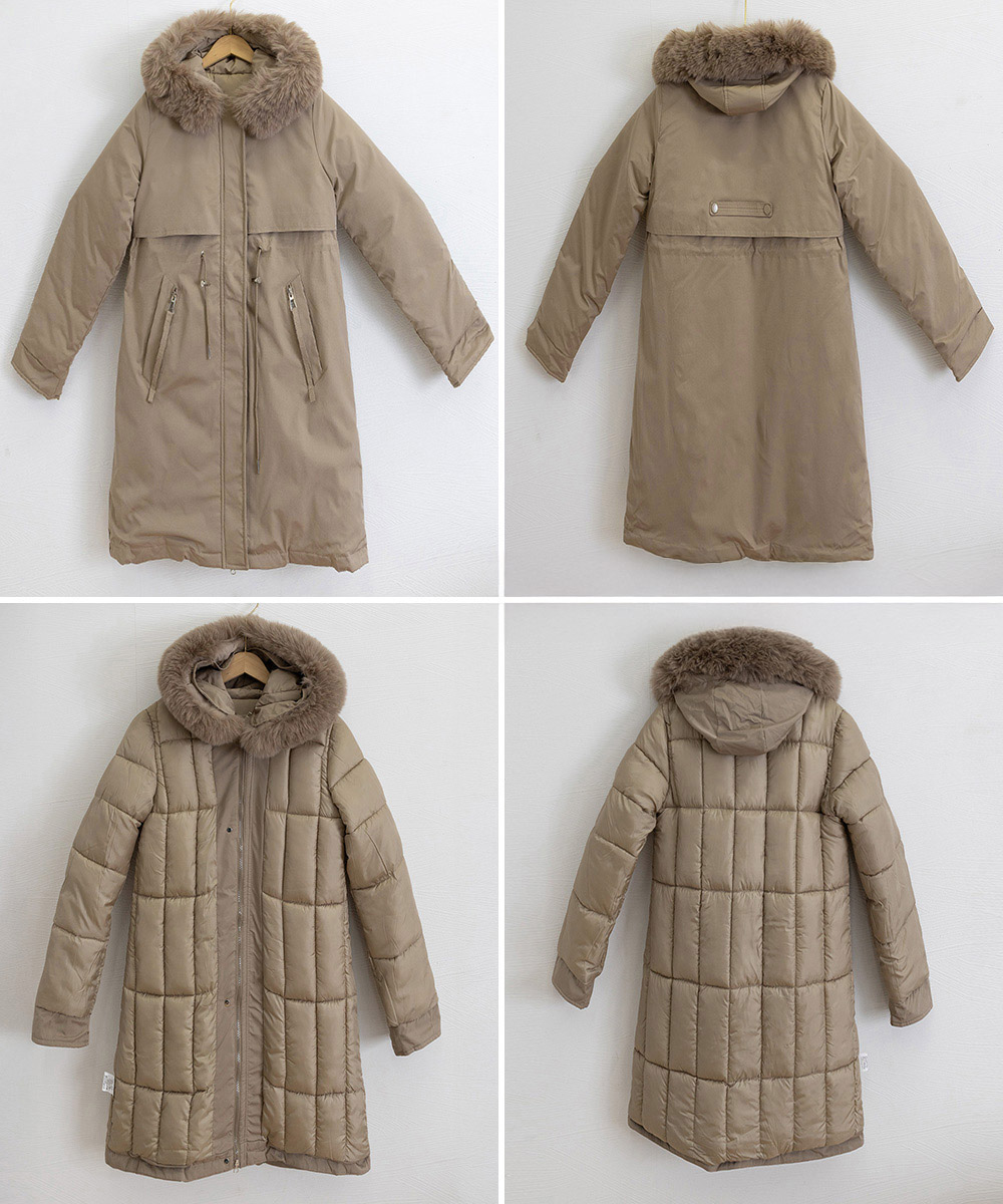ベージュコーデ 中綿入りファーフード付きアウター韓国風防寒コート