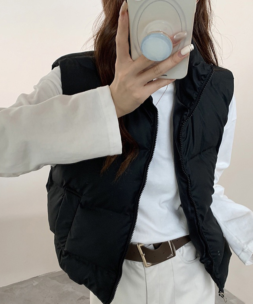 ベージュコーデ 中綿入り立ち襟ベスト アウター ジップアップ