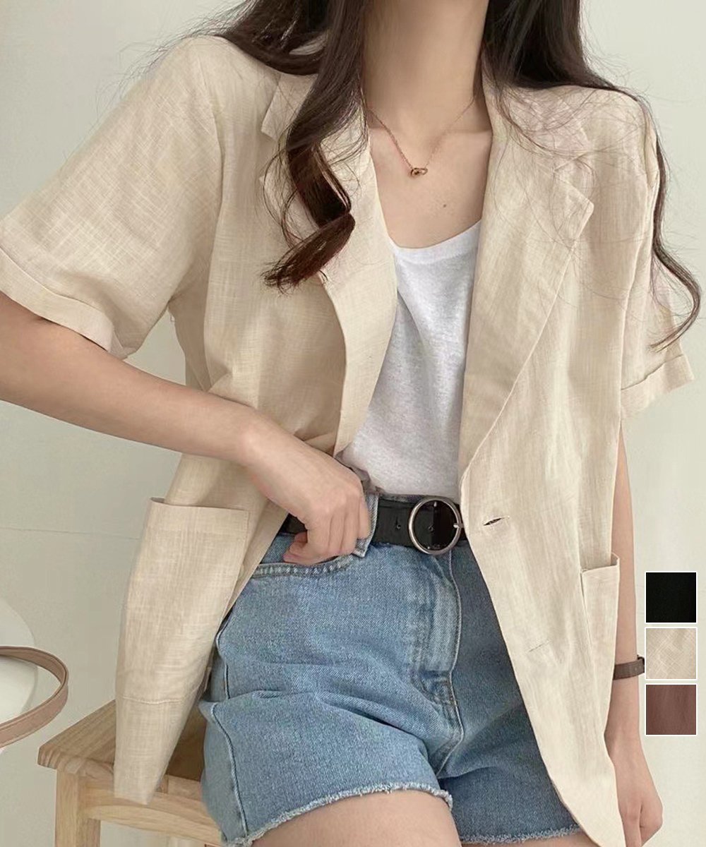 ベージュコーデ 綿麻テーラードジャケット夏のアウター