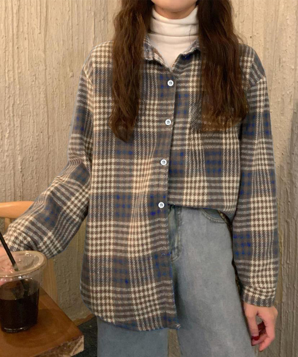 ベージュコーデ 裏起毛チェック柄シャツアウター ゆったり秋冬