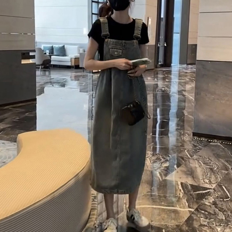 サロペット ゆったりシルエット胸ポケット付きロング丈サロペット