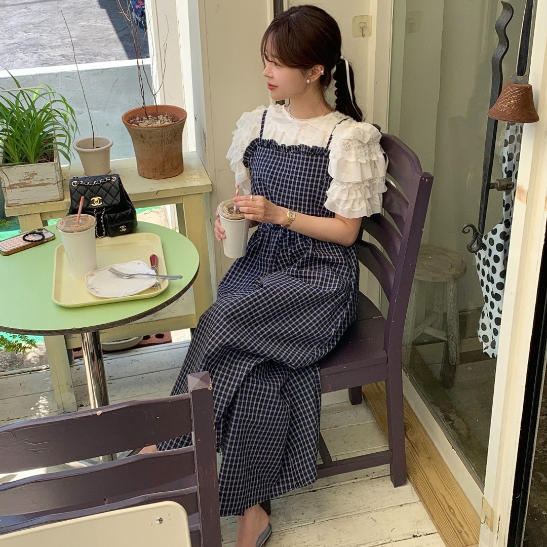 サロペット レディース チェック柄 吊りオーバーオール ワイドパンツ