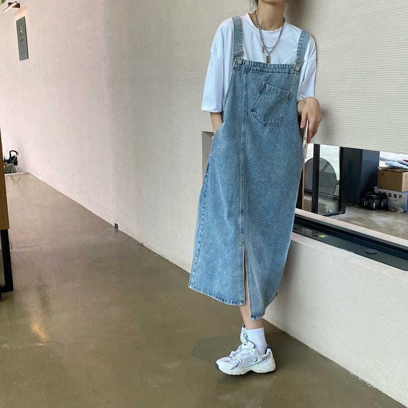 サロペット フロントスリット入りデニムサロペットワンピース