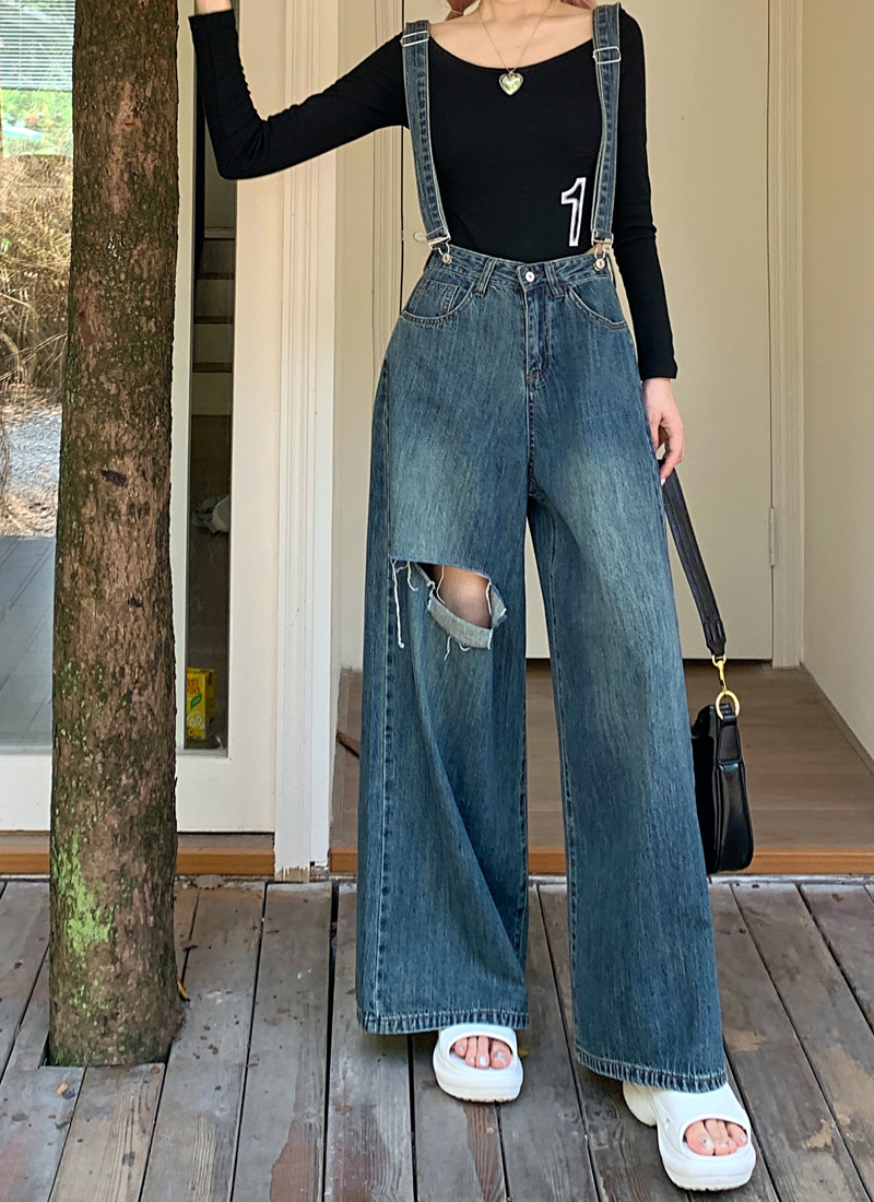 サロペット ワイドシルエットダメージ加工サロペット