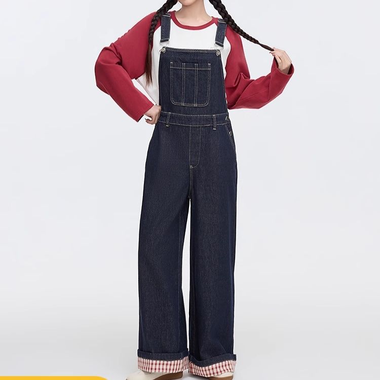 サロペットパンツ ゆったりチェック裾デニムサロペット