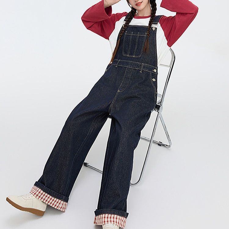 サロペットパンツ ゆったりチェック裾デニムサロペット