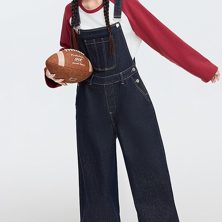 サロペットパンツ ゆったりチェック裾デニムサロペット