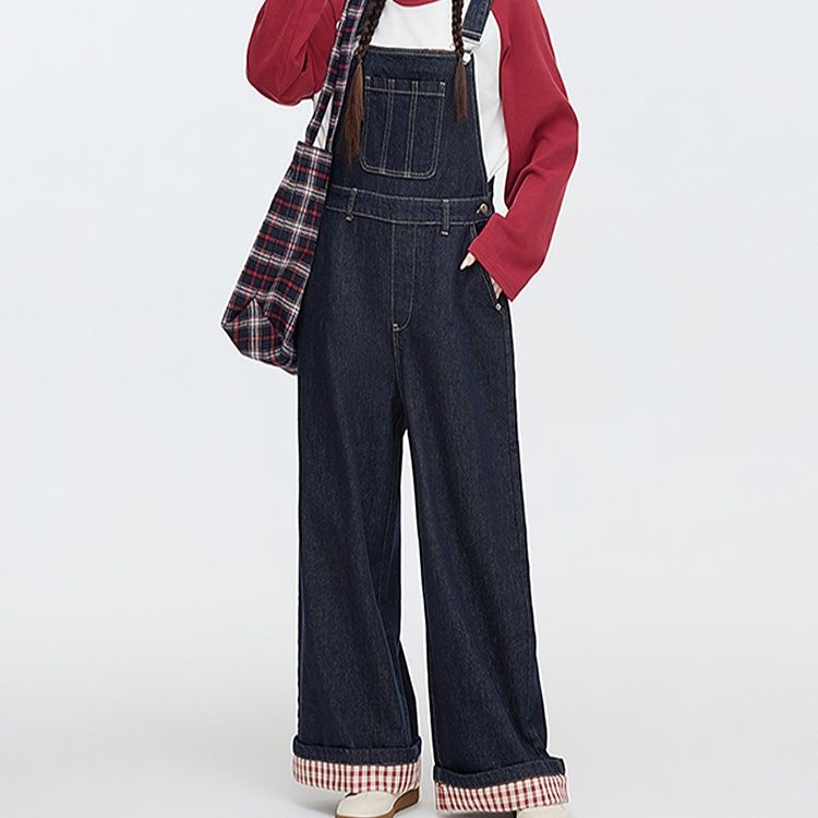 サロペットパンツ ゆったりチェック裾デニムサロペット