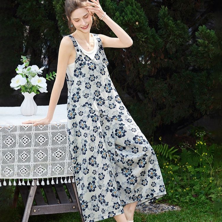 サロペットパンツ 花柄ゆったりサロペットパンツ