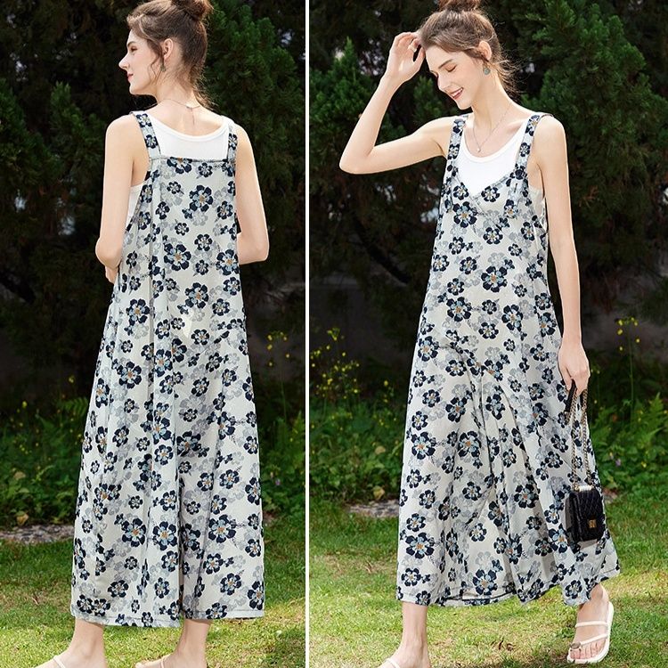 サロペットパンツ 花柄ゆったりサロペットパンツ