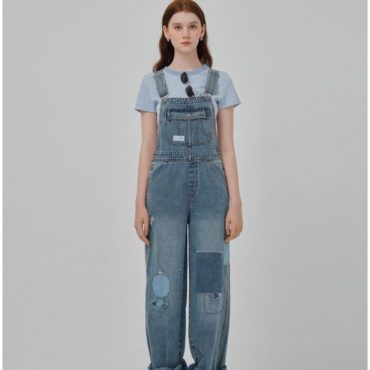 サロペットパンツ サロペット パッチワーク風リラックスデニムつなぎ