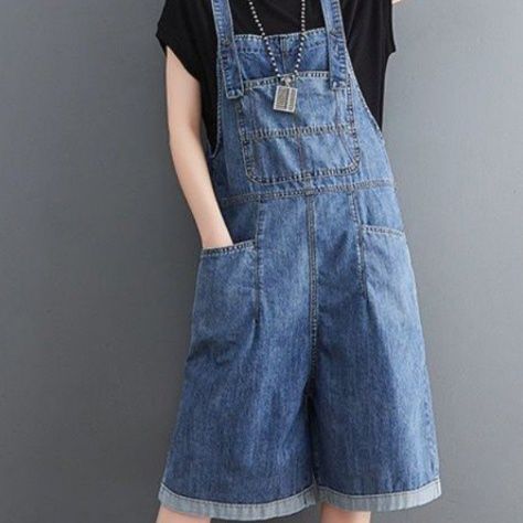 サロペット ゆったりハーフ丈デニムサロペット