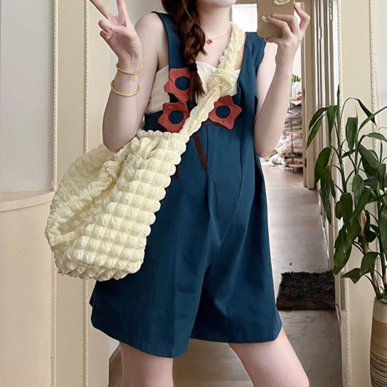 サロペット 花モチーフ装飾マタニティサロペット