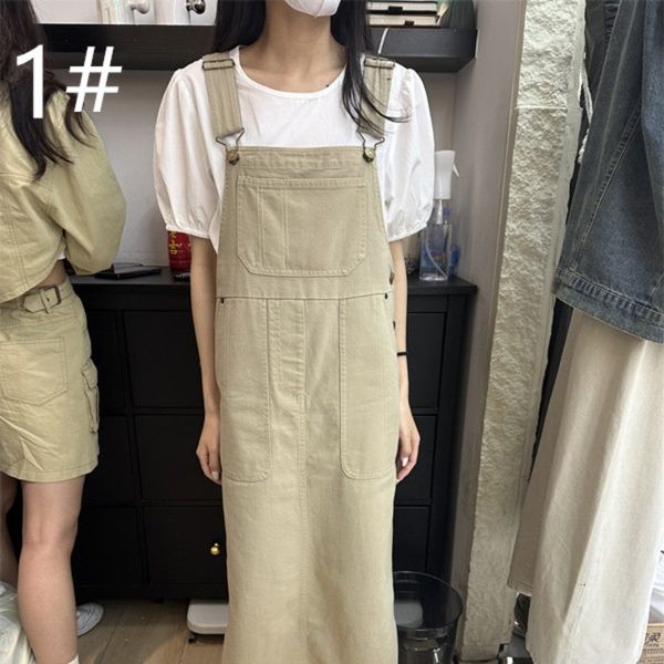 マキシ丈サロペットスカート ゆったり体型カバー ロング丈ワンピース