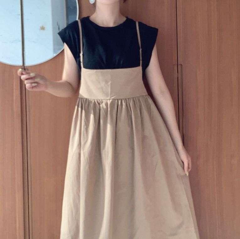 大人可愛いサロペットワンピース ベージュ マキシ丈 体型カバー
