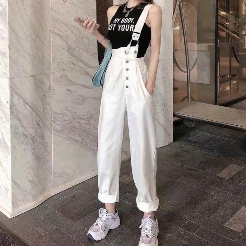 サロペット ダブルボタン付きハイウエストサロペット