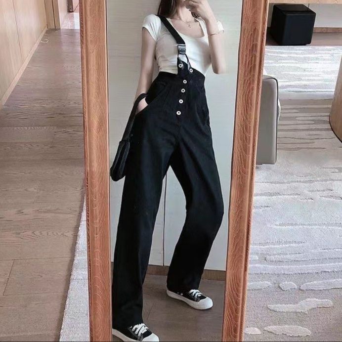 サロペット ダブルボタン付きハイウエストサロペット