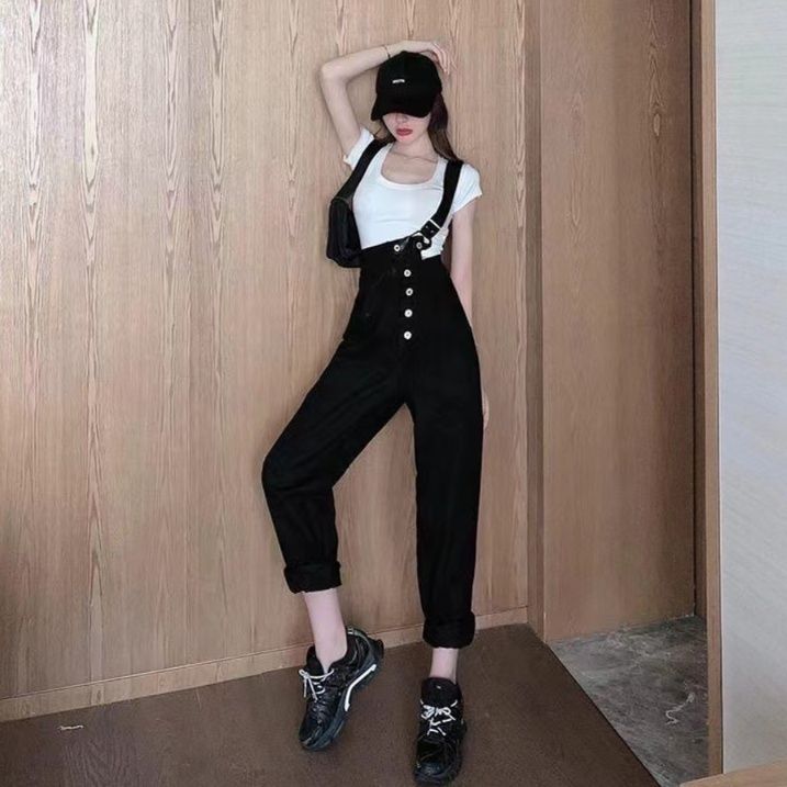 サロペット ダブルボタン付きハイウエストサロペット