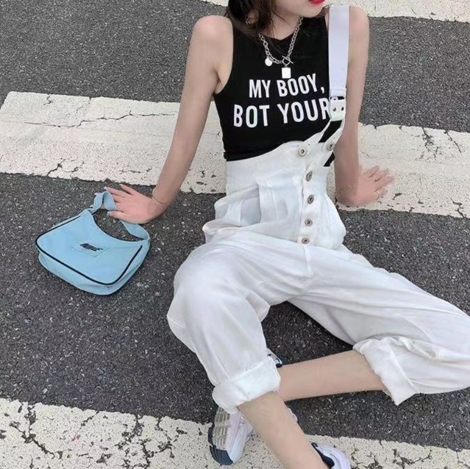 サロペット ダブルボタン付きハイウエストサロペット