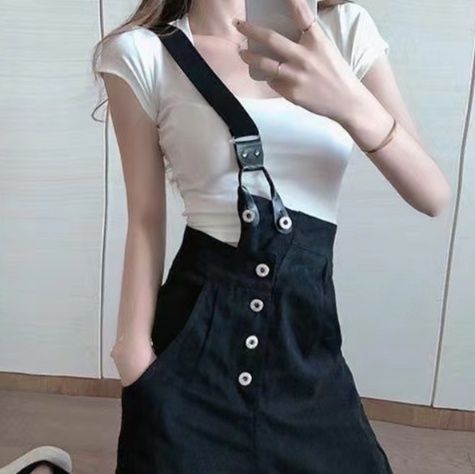 サロペット ダブルボタン付きハイウエストサロペット